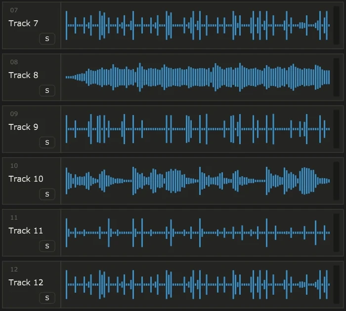 Six layers stacked on tracks 7 to 12